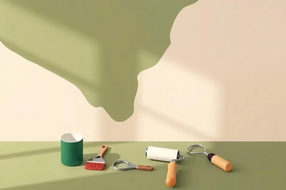Outils de peinture disposés dans l'ordre des étapes du chantier
