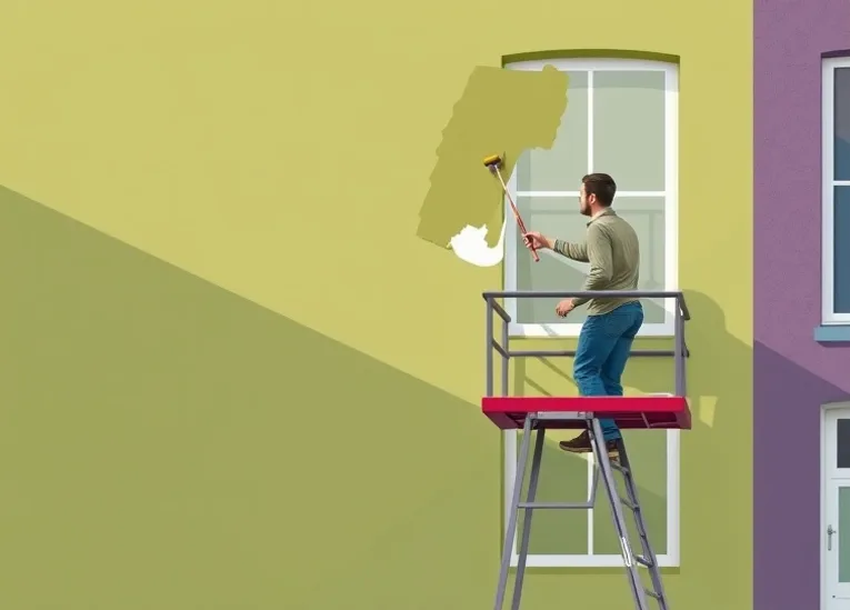 Peintre sur échafaudage traitant la façade d'une maison